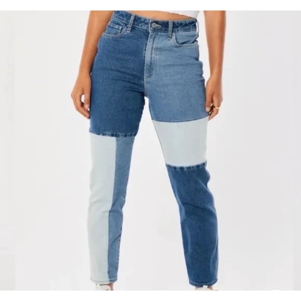 Hollister Jeans 29 Patchwork High Rise Mom Blue Colorblock Ankle Festival Retro